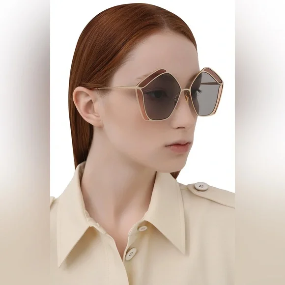 New authentic💯- CHLOE CH0024S 002 Round Gold Pink Grey 60 mm Women's Sunglasses - Picture 10 of 14